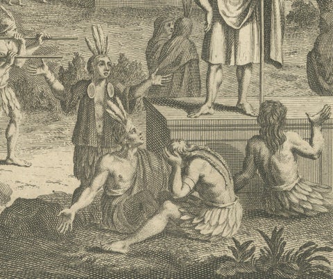 Funeral Rites and Burial of Inca Nobles, 1734 Engraving of Old Peruvian Customa, close-up 4
