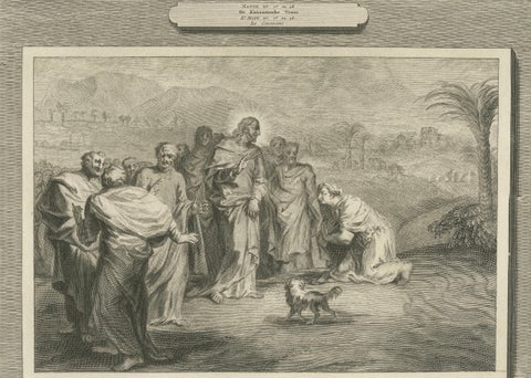 Antique Biblical Engravings, Christ Walking on Water & Canaanite Woman, 1700, close-up 3