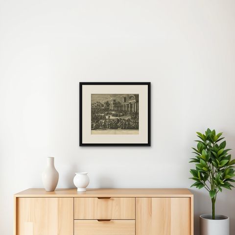 Antique Bible Print the Queen of Sheba Visits Solomon by J. Luyken, 1743, shown framed on a wall, true to size