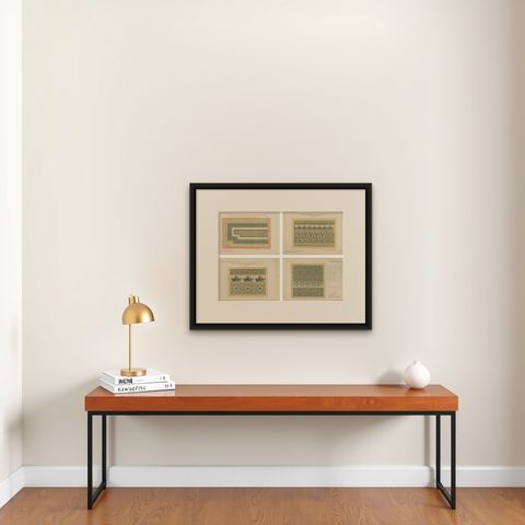Antique Islamic Geometric Ornament Prints, Set of Four, Konya & Anatolia, 1924, shown framed on a wall, true to size