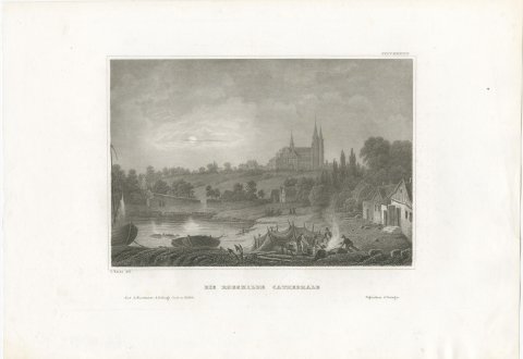 Roskilde Cathedral, Denmark, Antique Moonlit View with Fishermen, circa 1850, view 2
