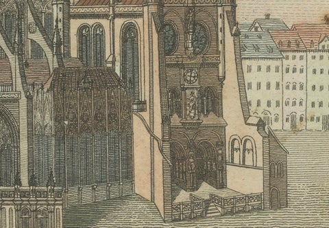 Engraving of Strasbourg Cathedral, Gothic Masterpiece in Alsace, 1805, close-up 1