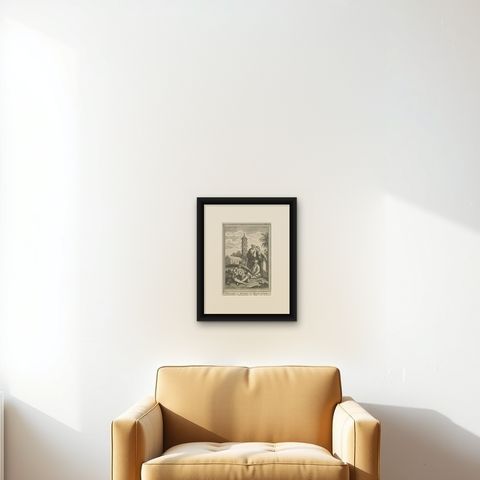 Antique Print of Monks of Fo in China 1749, shown framed on a wall, true to size