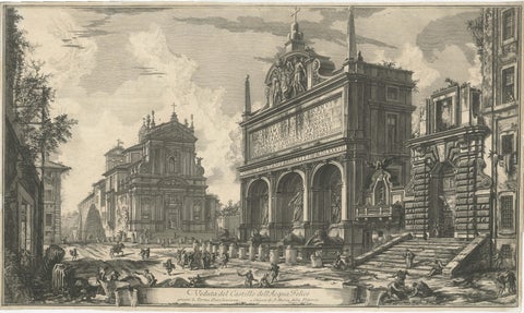 1751 Engraving of Roman Fountain and Church, Fountain of Moses and Santa Maria