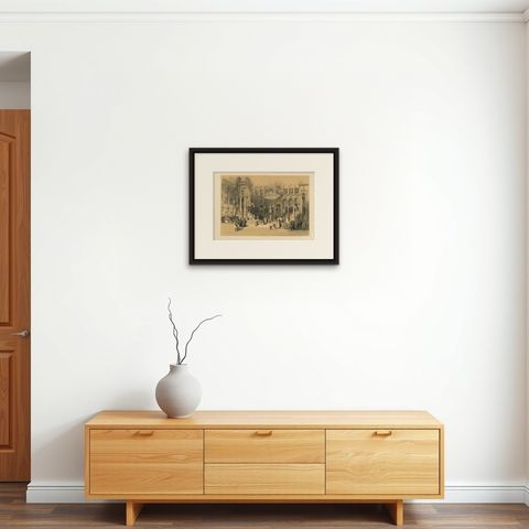 Old Lithograph depicting the Greek Chapel of the Holy Sepulchre, 1845, shown framed on a wall, true to size
