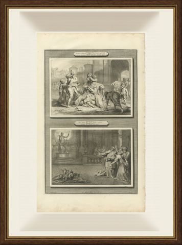 Stoning of Susanna's Accusers and Daniel Destroys Bel, Mortier circa 1700, shown framed