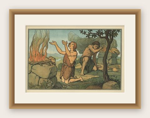 Antique Religion Print of Cain and Abel, 1913, shown framed
