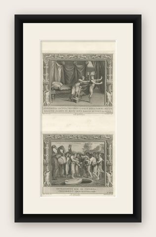 Old Religion Print of Joseph & Potiphar's Wife & Him Being Sold by His Brothers, shown framed