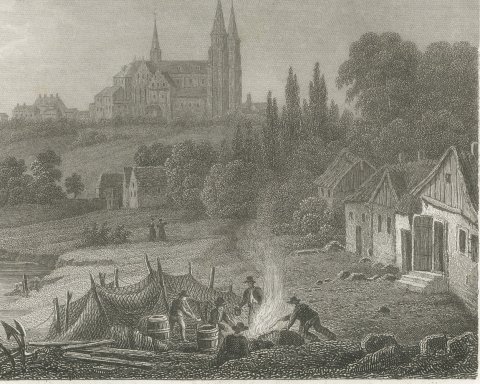 Roskilde Cathedral, Denmark, Antique Moonlit View with Fishermen, circa 1850, close-up 1