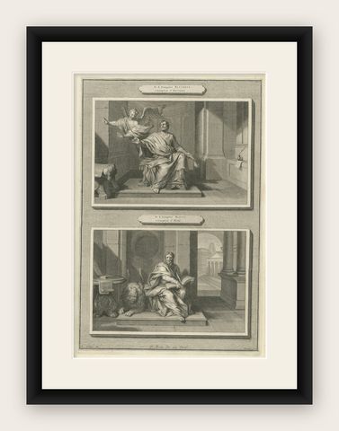 Biblical Engraving, Evangelists Matthew & Mark, Pieter Mortier, Early 1700s, shown framed