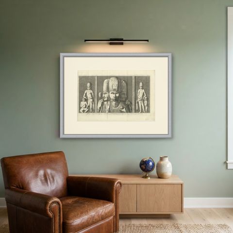 Sculptures of the Elephanta Caves at Stations 1 to 3, Antique Print, 1780, shown framed on a wall, true to size