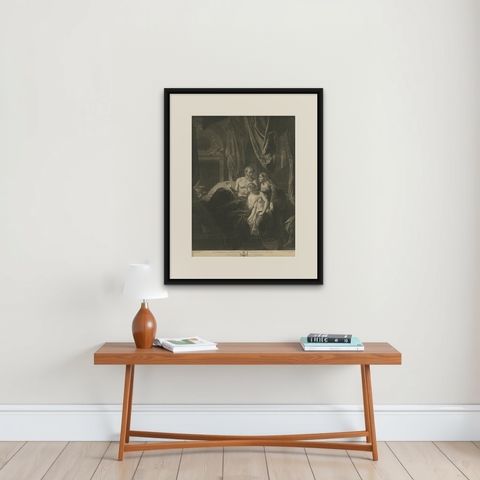 Large Religious Mezzotint Print of Batsheba Bringing Abishag to David, 1779, shown framed on a wall, true to size