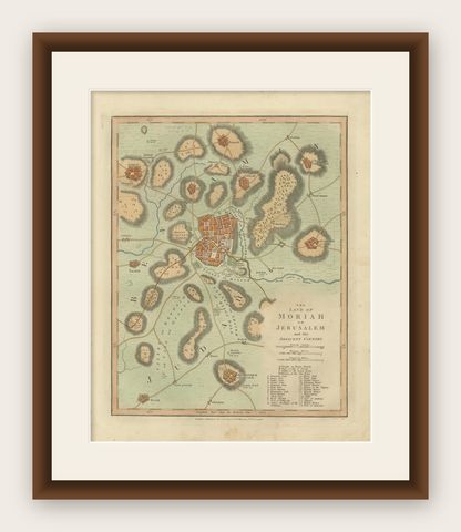 The Land of Moriah or Jerusalem & the Adjacent Country, Biblical City Map, 1814, shown framed