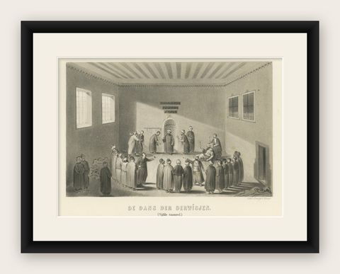 Islamic Ritual Print Whirling Dervishes Ceremony Scene V, 1863 Dutch Lithograph, shown framed