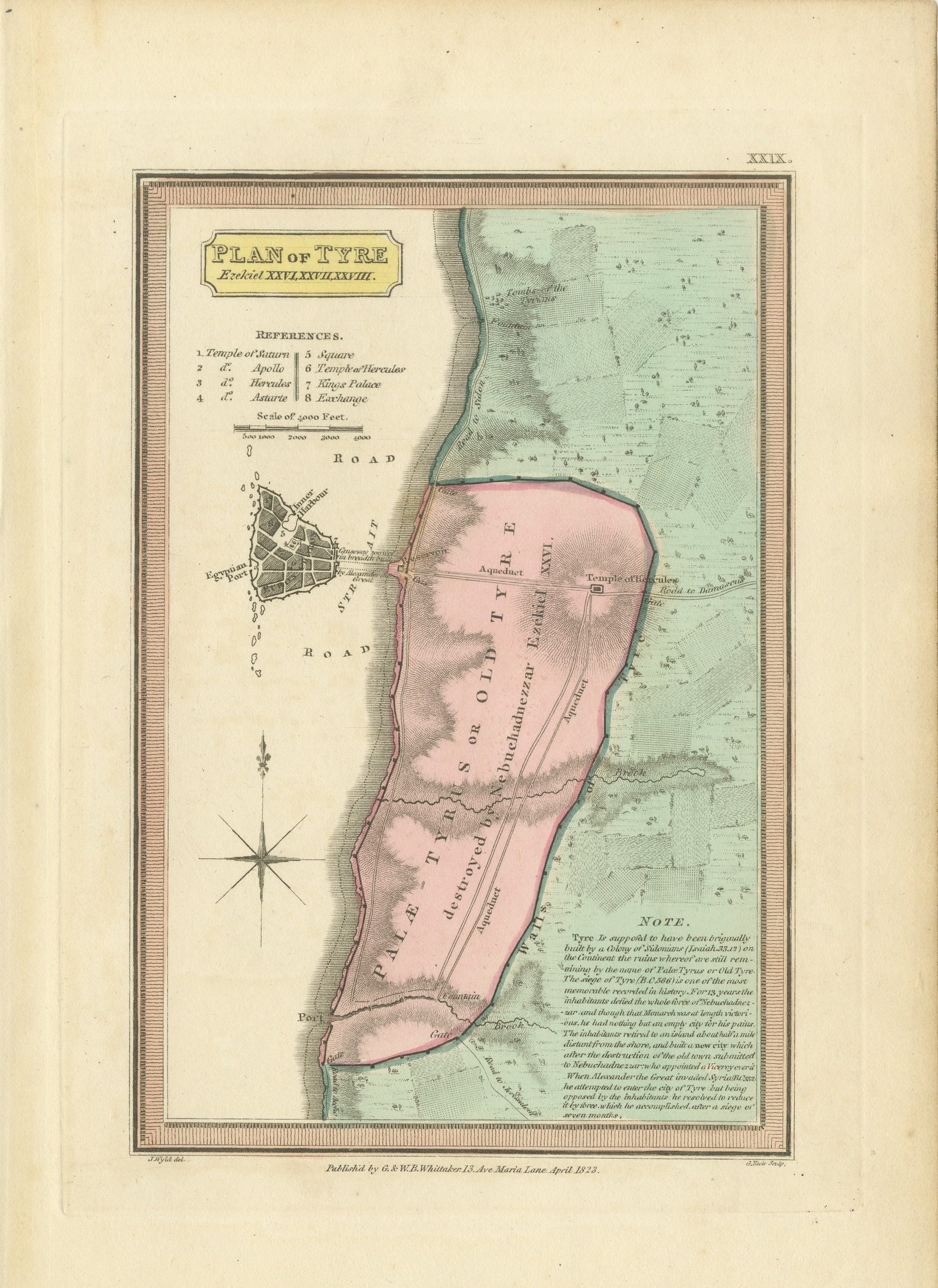 Plan of Ancient Tyre from the Book of Ezekiel, Antique Map, 1823