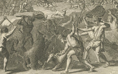 Quetzalcoatl Worship and Hunting Deity, Rare 1734 Engraving of Aztec Rituals, close-up 3
