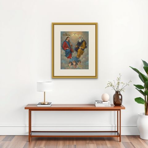 Holy Trinity Enthroned in Heaven, Antique German Chromolithograph c.1900, shown framed on a wall, true to size