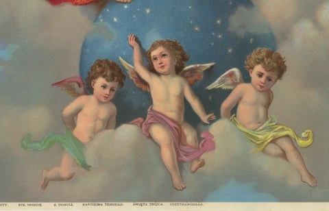 Holy Trinity Enthroned in Heaven, Antique German Chromolithograph c.1900, close-up 3