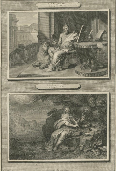 Antique Christian Wall Art, Evangelists Luke and John, Mortier ca.1700, close-up 1