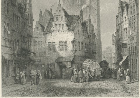 Malines Cathedral, Belgium, Antique Steel Engraving by J.J. Crew, circa 1877, close-up 2