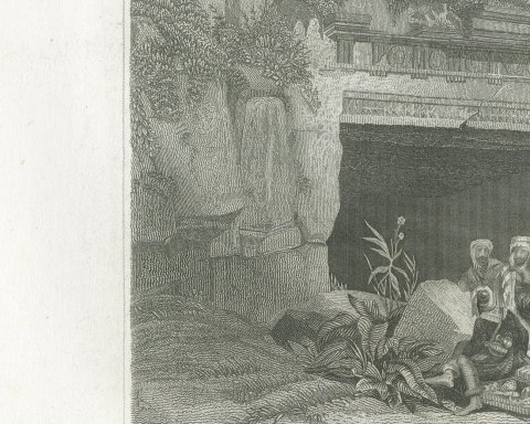 Antique View of the Tombs of the Kings, Jerusalem, Steel Engraving, circa 1850, close-up 2