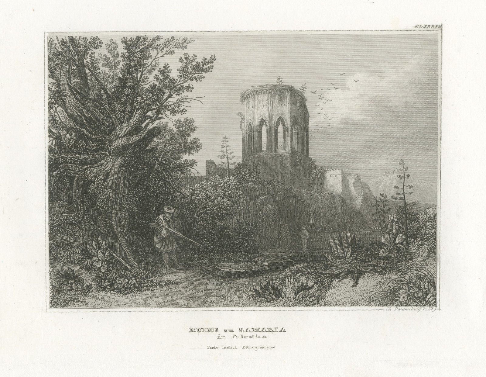 Ruins at Samaria, Palestine, Antique View with Hunter and Agaves, circa 1850