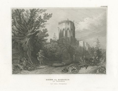 Ruins at Samaria, Palestine, Antique View with Hunter and Agaves, circa 1850