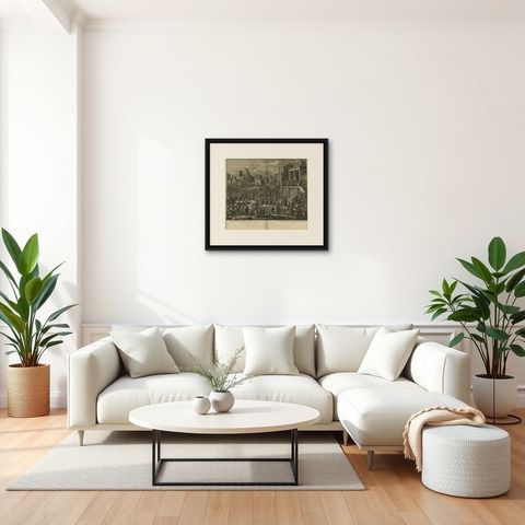 Antique Bible Print of Pilate and Jesus by J. Luyken, 1743, shown framed in a room, true to size
