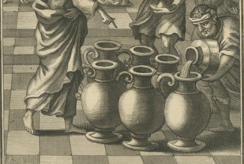 Christ Turns Water into Wine Engraving, John II Wedding at Cana c.1735, close-up 6