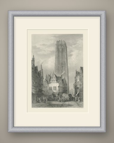 Malines Cathedral, Belgium, Antique Steel Engraving by J.J. Crew, circa 1877, shown framed