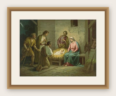 Adoration of the Shepherds Nativity Scene, German Chromolithograph, 1900, shown framed