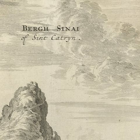 Rare Engraving of Mount Sinai with St. Catherine's Monastery and Bedouins, 1680, close-up 2