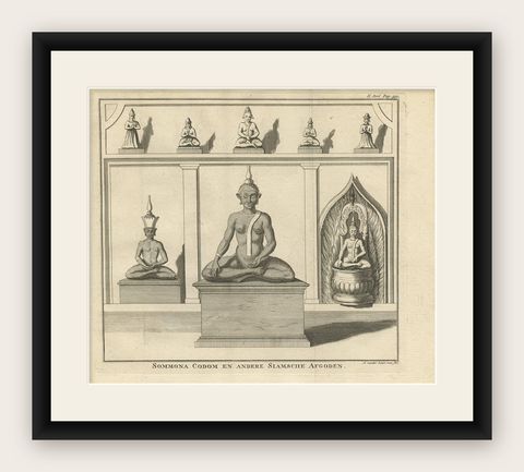 Antique Print of Statues of Buddha and Siamese Deities by A. van der Laan, 1739, shown framed