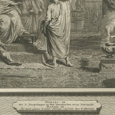 Daniel Interprets the Dream and the Fiery Furnace, Pieter Mortier, circa 1700, close-up 2