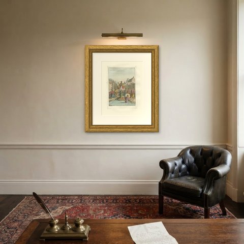Original Antique Hindu Mythology, Churning of the Ocean, Ferrario, 1815, shown framed on a wall, true to size