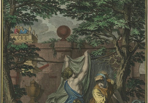 Bathsheba in the Bath, Old Testament Scene, Antique Engraving c.1730, close-up 1
