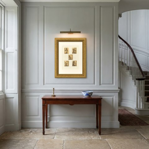Carved Stall Heads, Vitteaux, Antique Chromolithograph, 1851, shown framed in a room, true to size