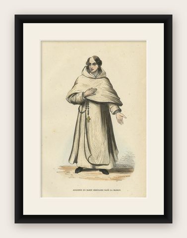 Antique Print of an Augustinian in White Habit of a Christian Religious Order, shown framed