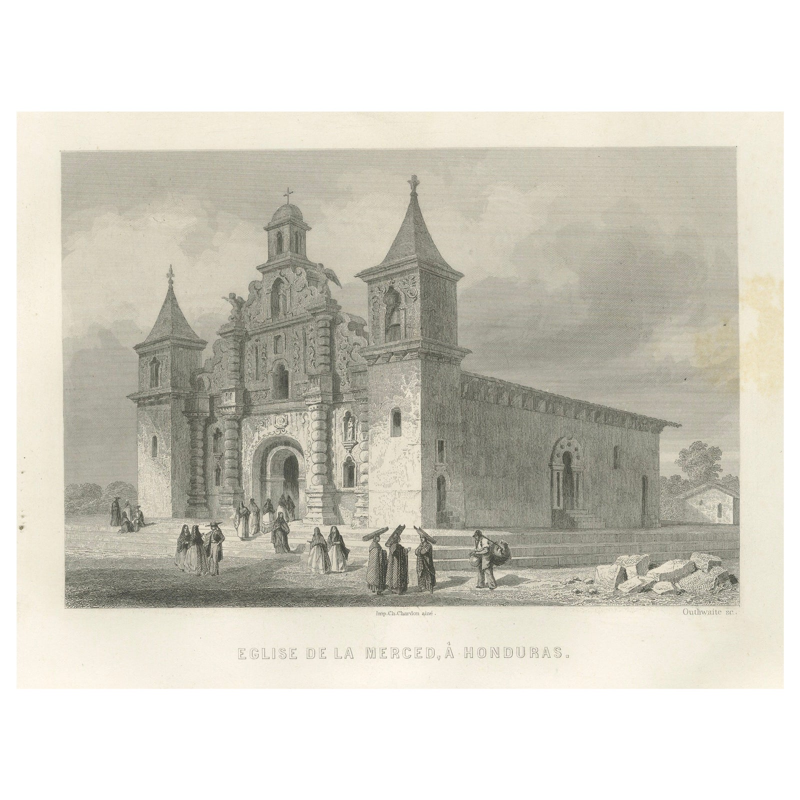 Honduras Colonial Church La Merced, 19th Century Architectural Engraving, 1867
