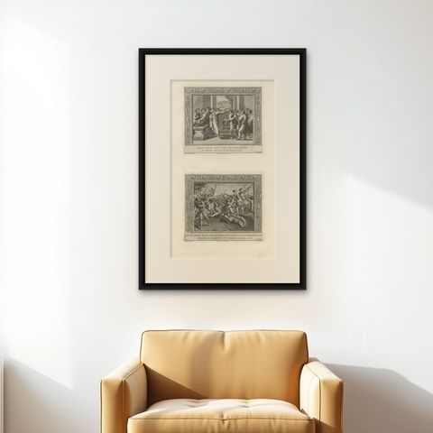 Old Religion Engraving of the Consecration of David and of David and Goliath, shown framed on a wall, true to size