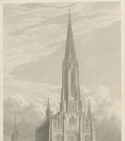 Mariahilfkirche, Au, Munich, Antique Steel Engraving after L. Lange, circa 1840, close-up 1