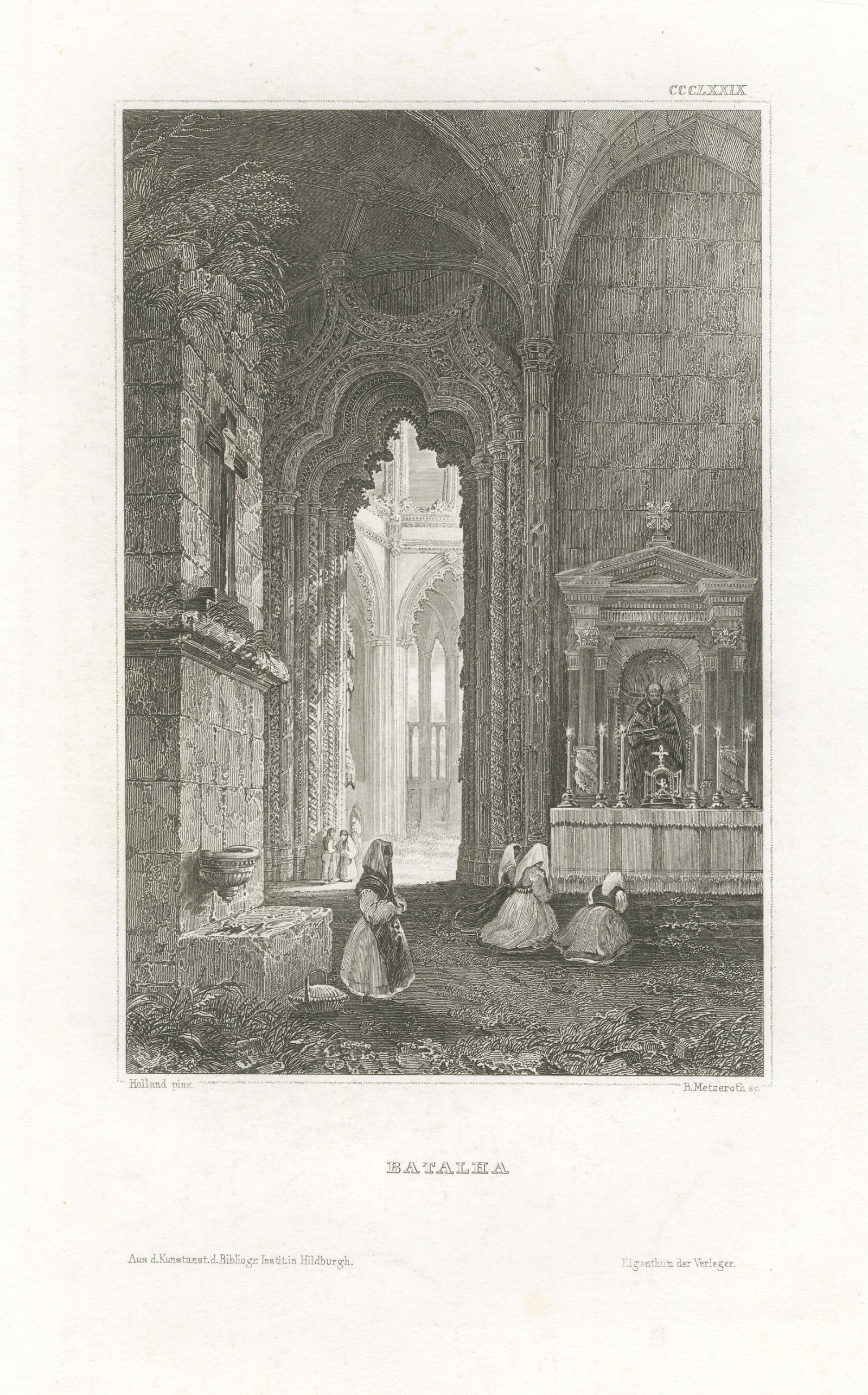 Antique Interior View of Batalha Monastery, Portugal, Engraving, circa 1850