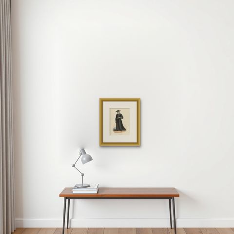 Antique Print of a Monk of Burgos, 1845, shown framed on a wall, true to size