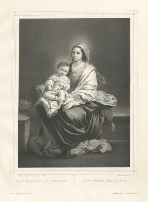 Madonna and Child with Rosary, Antique French Religious Print, c.1850, close-up 6