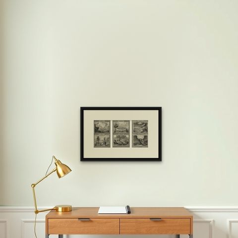 Antique Biblical Engravings, Mortier Amsterdam, Apocalypse Cycle, c.1700, shown framed on a wall, true to size