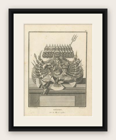 Striking 1806 Ravana Demon King Antique Print, Hindu Ramayana Engraving, shown framed