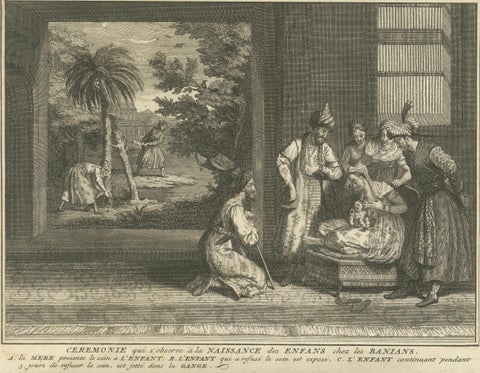 Birth and Naming Rituals of the Banians, Rare 1734 Indian Custom Engraving, close-up 6