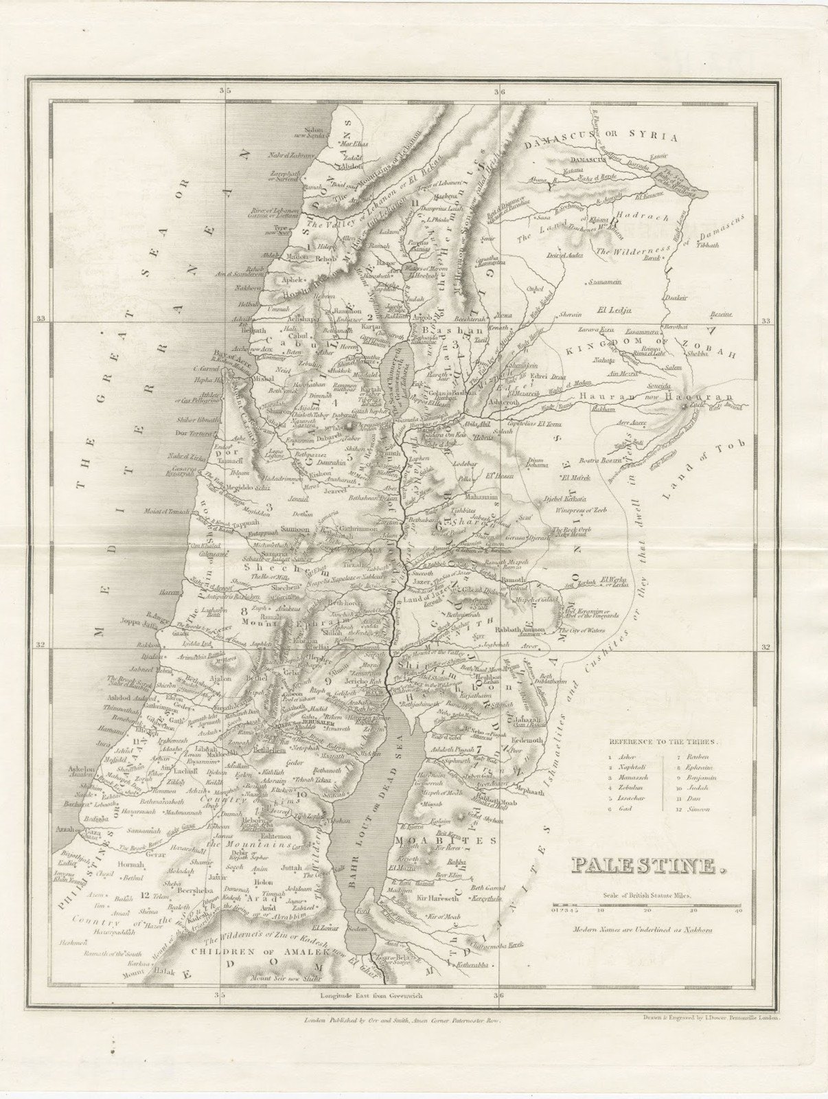 Antique Map of Palestine with the Twelve Tribes by Dower, circa 1835