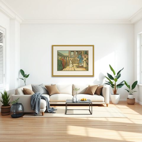 Antique Religion Print of the Presentation of Mary '1913', shown framed in a room, true to size