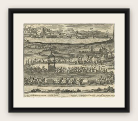 Antique Print of a Funeral Procession of the Kings of Vietnam or Tonkin, 1725, shown framed